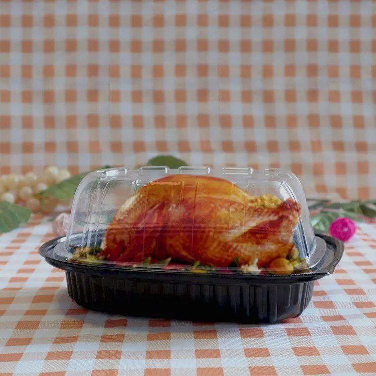 

Ecofriendly Plastic Roast Fried Chicken Take Away Container Packaging Boxes for Roasted Chicken Tray, Black base and clear lid