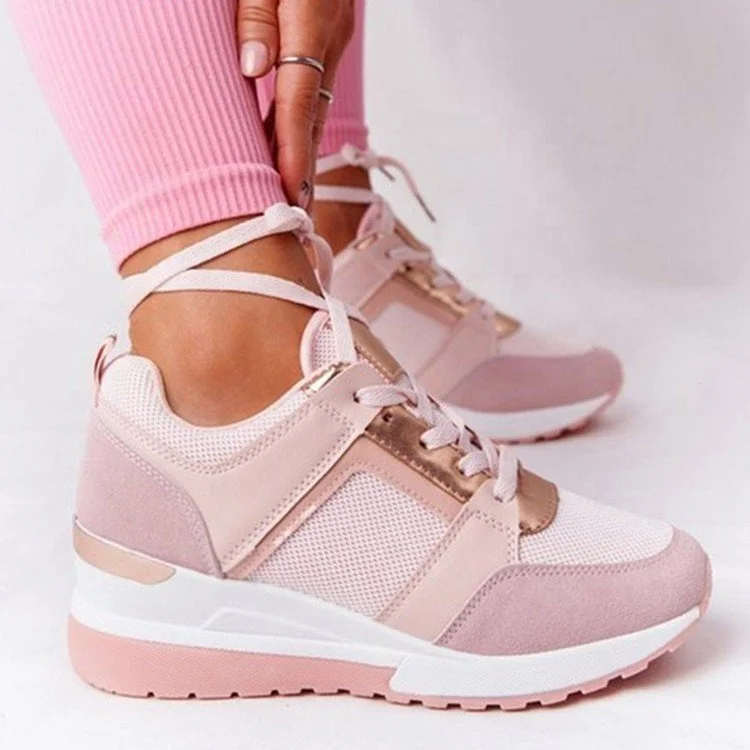 

Sexy Mature Height Increasing Thick Sole Pink Wedges Patchwork Breathable Mesh Lady Relax Leisure Shoes Lace Up Platform Sneaker, Pink gray white beige