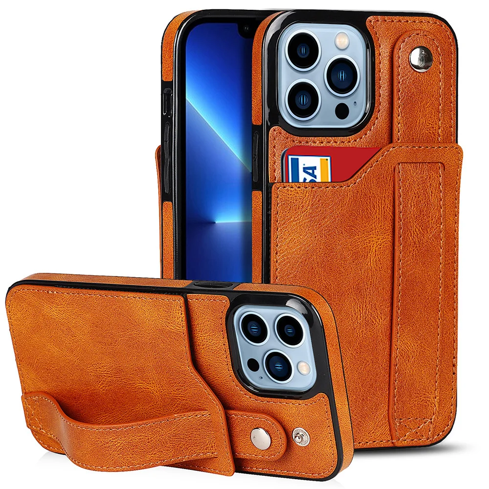 

Wristband Card Slot Leather Case for iPhone 13 Pro Max With Holder Function, Black, blue, red, brown, gray, light brown, pink