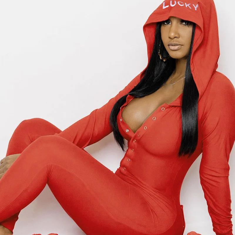 

Hot sale Women Long Sleeve Lucky Onesie Full Hooded Onesie Soild Color Adult One Piece Pajama Hooded Onesie With Butt Flap, As shown,accept to custom