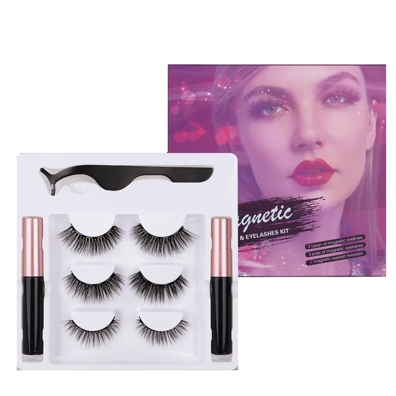 

Hot sale private label 3 pairs magnetic eyelash with liquid magnetic eyeliner and eyelash applicator set, Black color