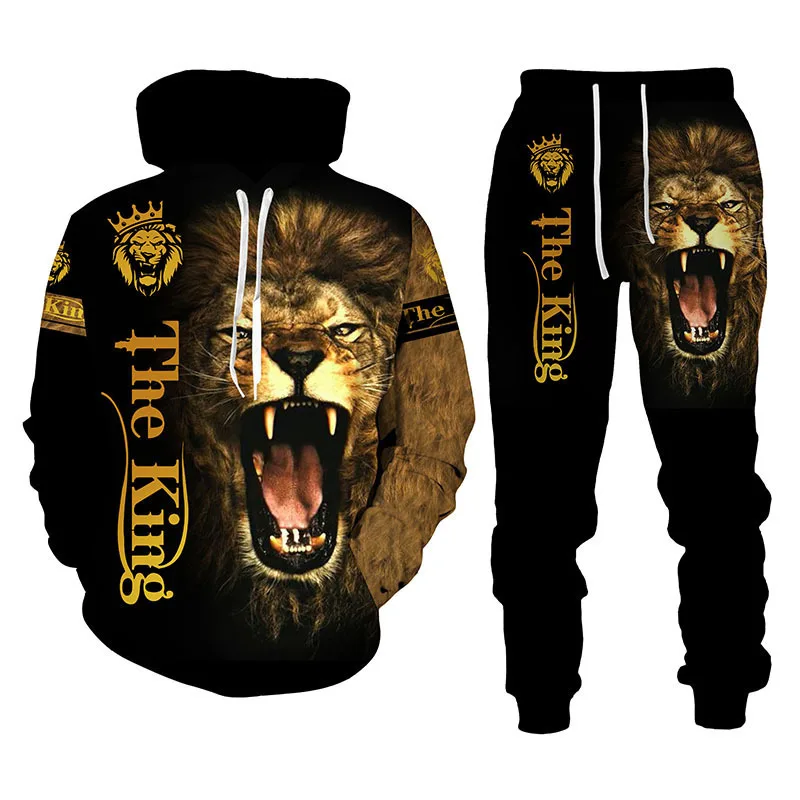 

Autumn Winter Mens Lion 3D Printed Hooded Sweater Matching Set Outfits Long Sleeve Two Piece Pants Set Sportswear Men Tracksuit, Black