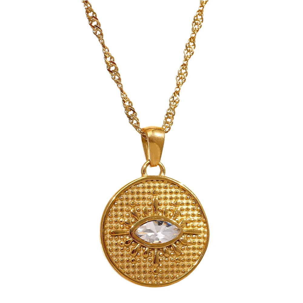 

JINYOU 1517 New Arrival Texture Round Pendant Necklace Jewelry 18K Gold Plated Stainless Steel Evil Eye Zircon Geometry Necklace