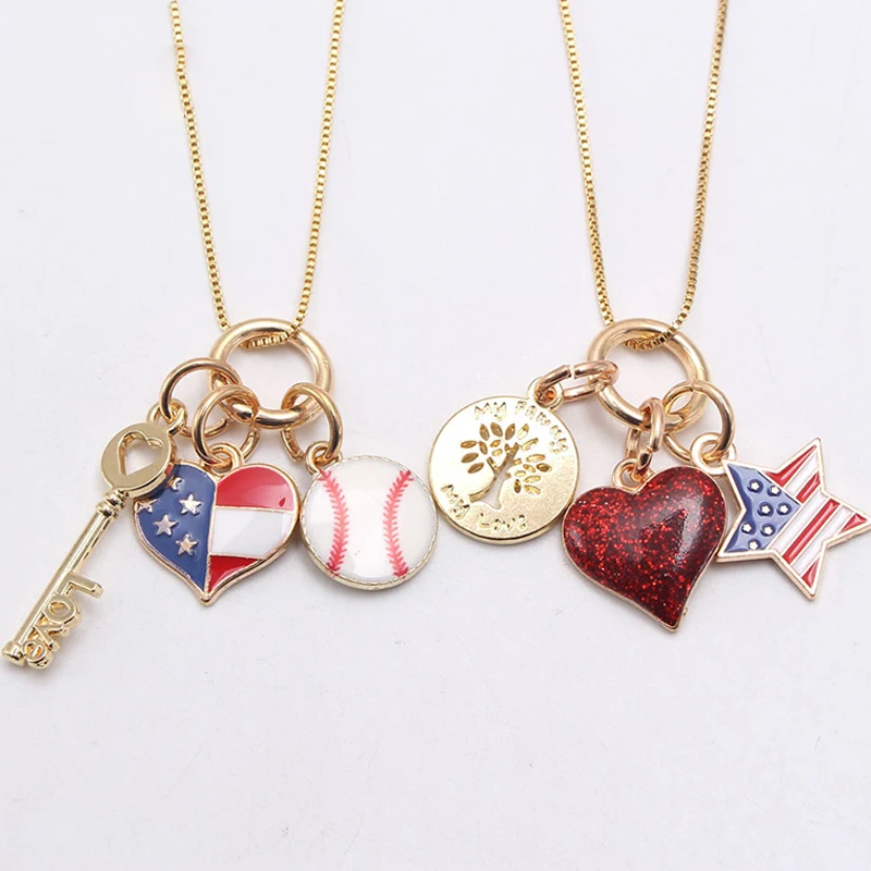 

European Trendy Flag Heart Design Pendant Chain Alloy Kids Neck Accessories, Picture shows