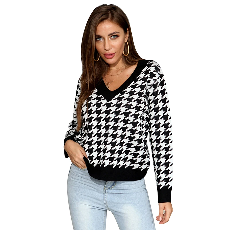 

Dropping Shipping Long-sleeved Houndstooth Jacquard V-neck Base Knitted Pullover Sweater for Women Fall 2021, Customized color
