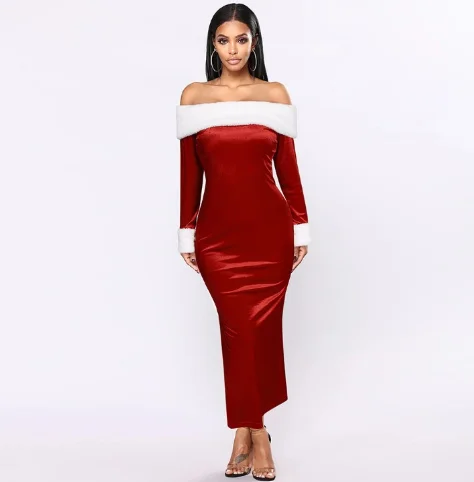 

Christmas one-line collar fur slit midi dress, Picture color
