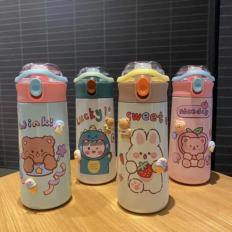 

2023 BPA Free Kids Vacuum Flask Cute 12oz 16oz Insulated Double Wall Stainless Steel Cute Kids Water Bottle With Straw Lid