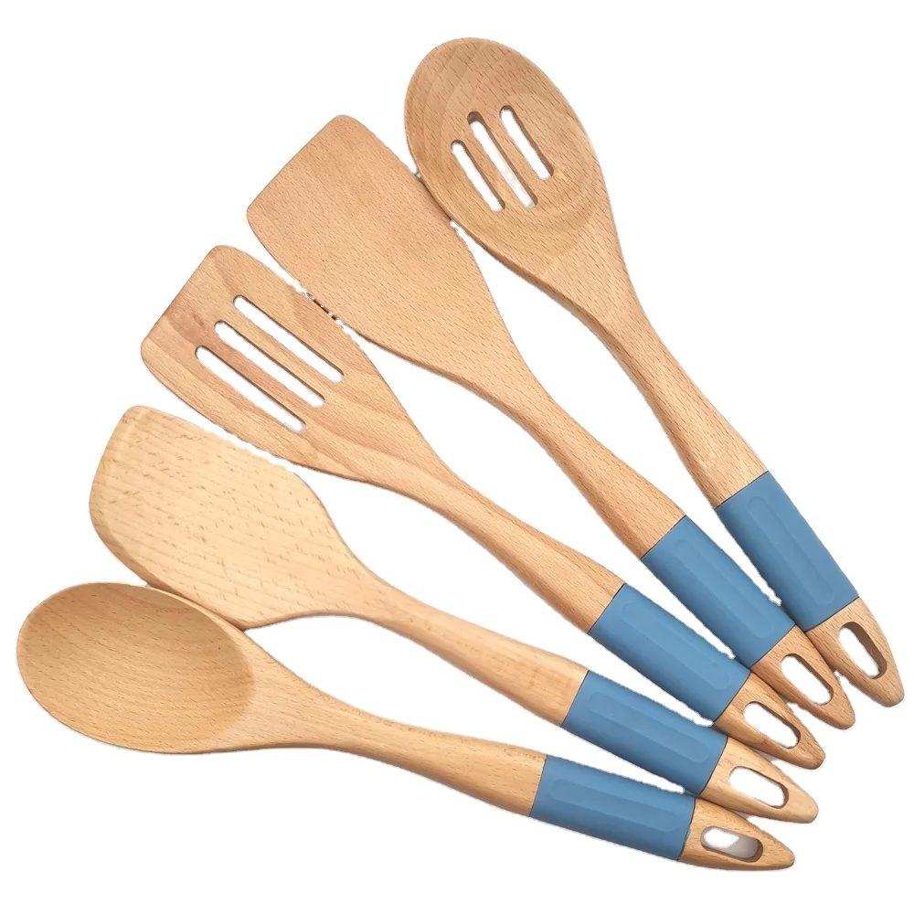 

beech wood kitchen cooking utensils set with silicone handle, Natural