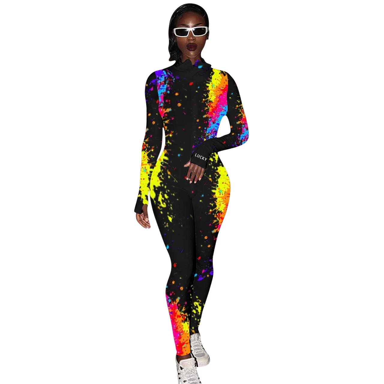

European and American hot sale ribbed ink splash embroidery letterswinter stacked women bodysuit jumpsuit