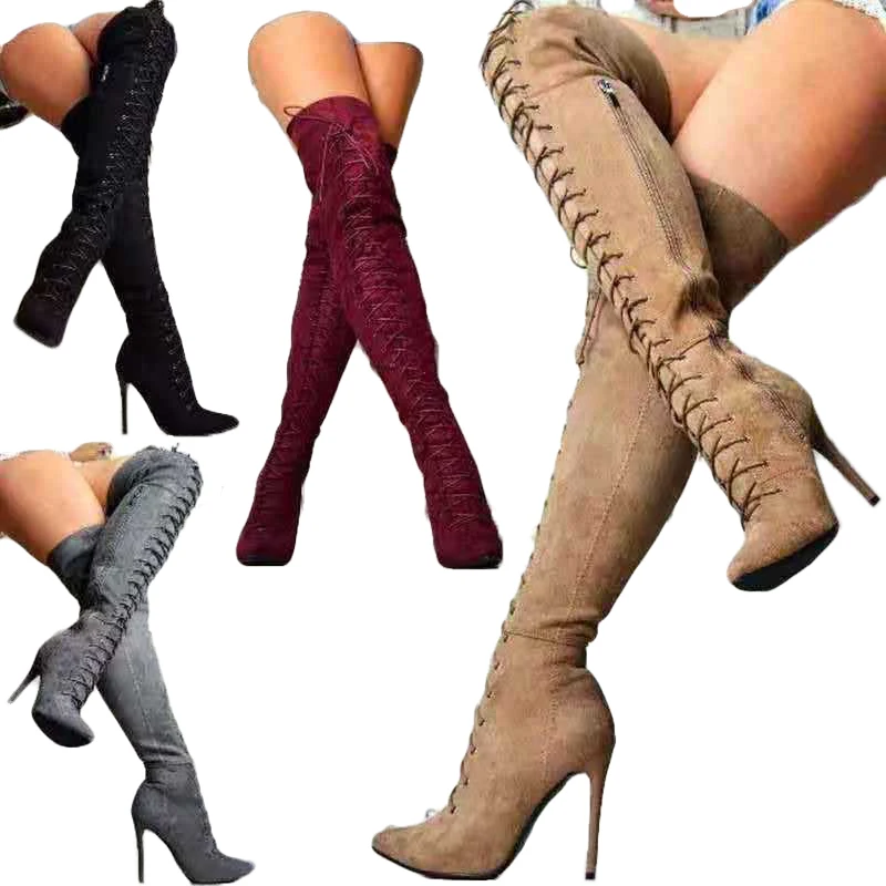 

Skintight Suede Sexy Front Lace Up Women Over Knee High Boots Thigh High Side Zipper Boots For Women Big Size 43 Thin Heel, Multi colors