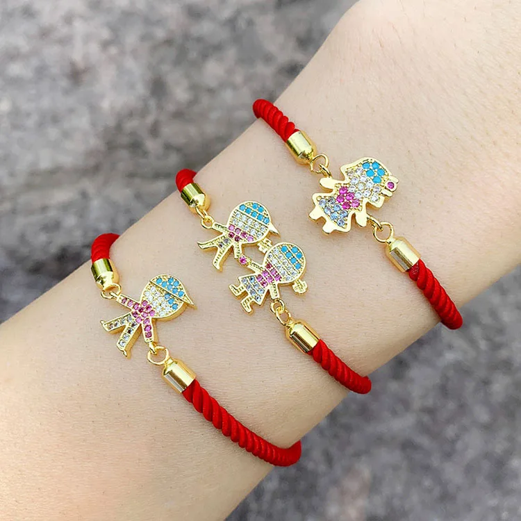 

BC1291Red String Adjustable Couple Lover Bracelet Gold plated Brass CZ Micro Pave children Kids Boy and Girl Charm Bracelets, Gold color
