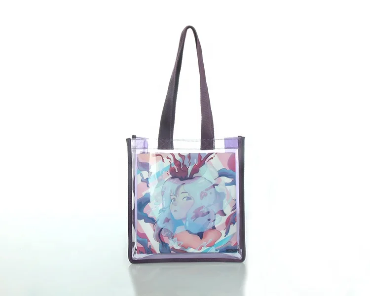 

Dongguan Factory Clear Pvc Turn Edge Pocket Silkscreen Reusable&Open Women Shopping Tote Bag