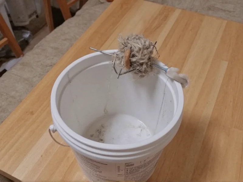 Bucket mouse trap setup with spoon ramp and peanut butter bait