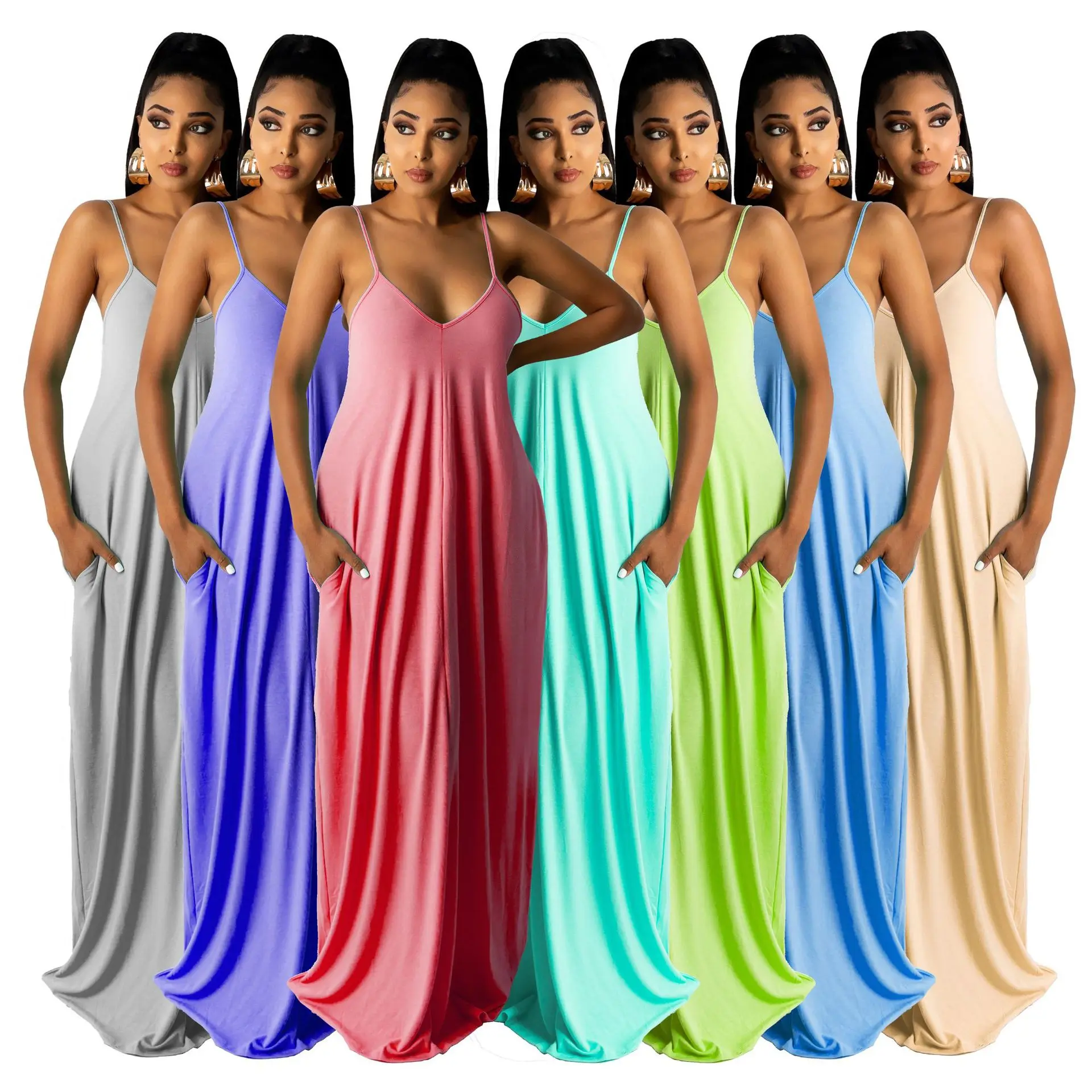 

Summer Fashion Sexy Loose Sleeveless v Neck Skirt With Pocket Sling Irregular Splicing Stretch Solid Color Casual Dresses, Shown