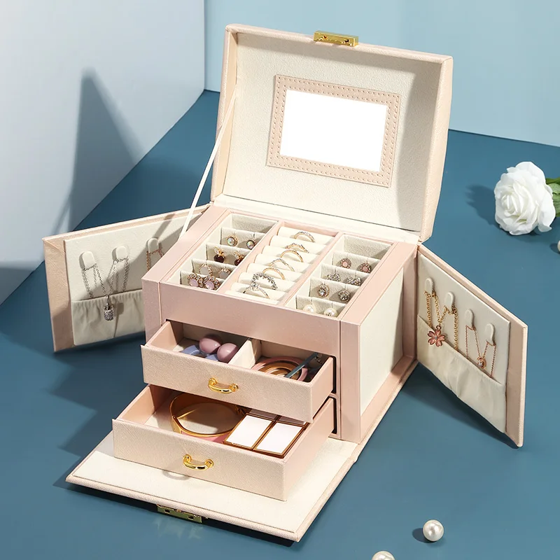 

Wholesale Custom logo Handmade Luxury PU Leather Jewelry Box Organizer with Mirror Drawer Velvet Ring Earring Jewellery Case