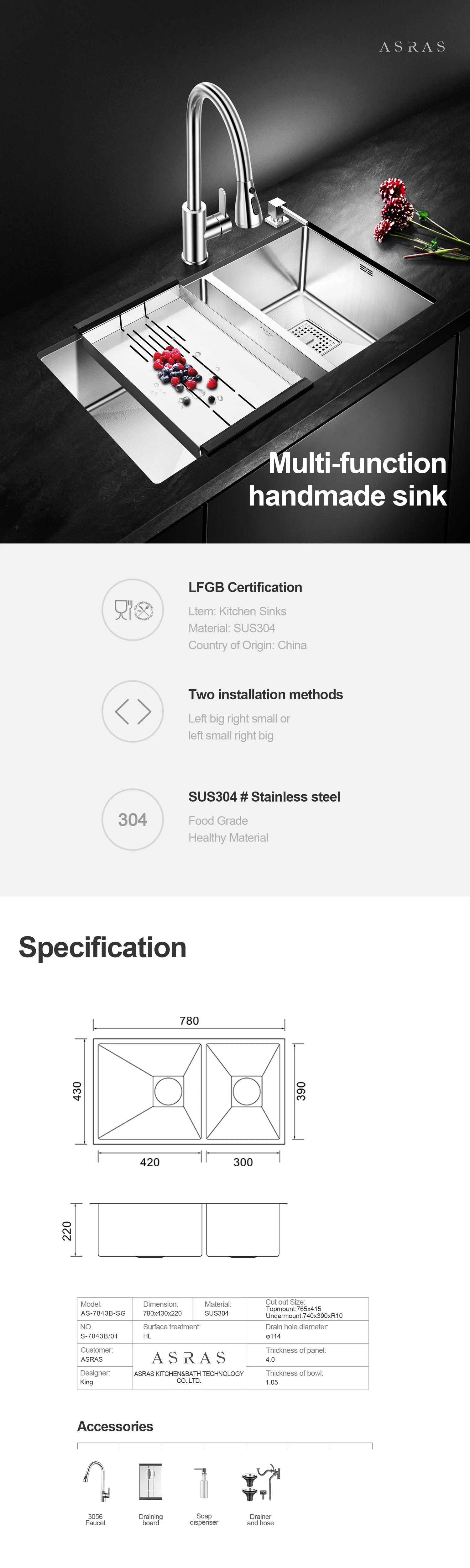 Asras Sus304 Model 7843b Twin Bowl Multipurpose Sink With Kitchen Tap