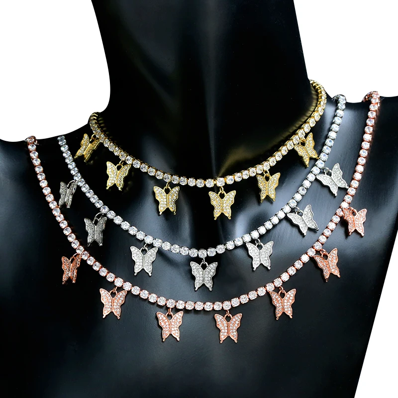 

Drop Shipping New Arrival Small Pendant Jewelry Tennis Chain Bling CZ Zircon Charm Choker Brass Butterfly Necklace, Blue,red,green,white