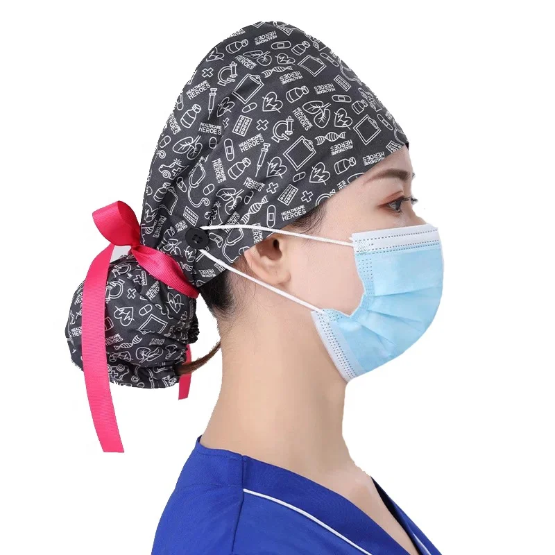 

New Pattern Women Scrub Cap With Buttons Hospital Working Hats With Buttons, Solid dyed&printed