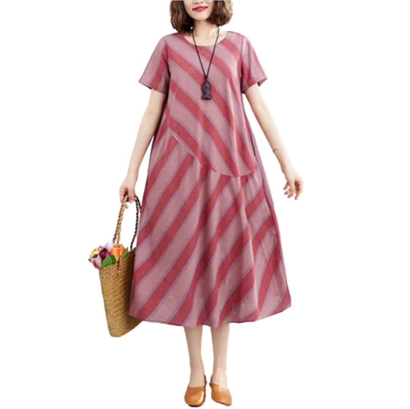 

Crew Short Sleeve Striped Cotton Linen Midi Dress With Hidden Pockets