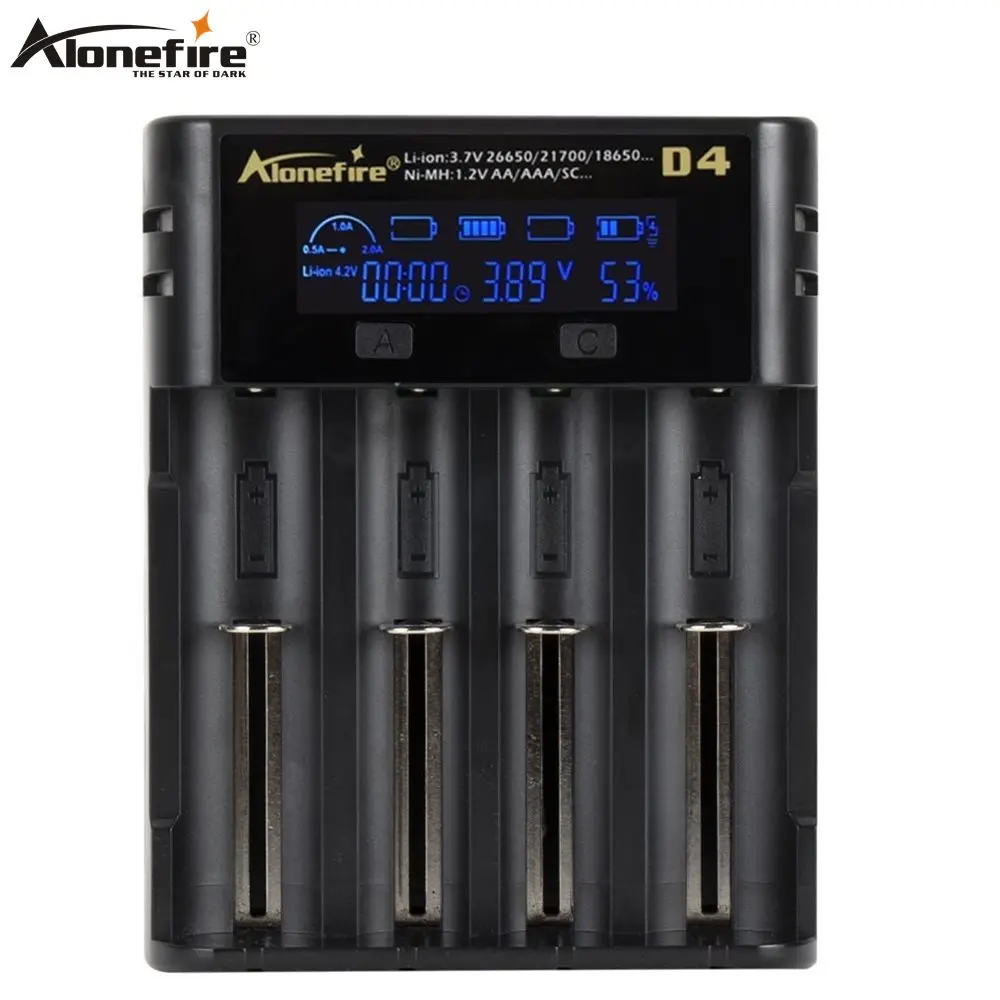 

Alonefire D4 Smart Charger 18650 26650 21700 Battery LCD Screen Display USB 4 slots Charging AA AAA Intelligent 2A Fast Charger, Black