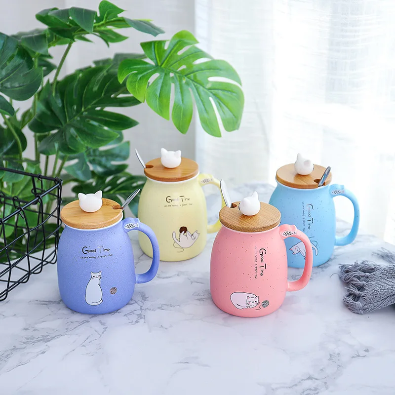 

Seaygift Cute Cat 3D Ceramic Mugs Creative Milk Coffee Tea Cup Unique Porcelain Mugs with Lid and Spoon, Pink/blue