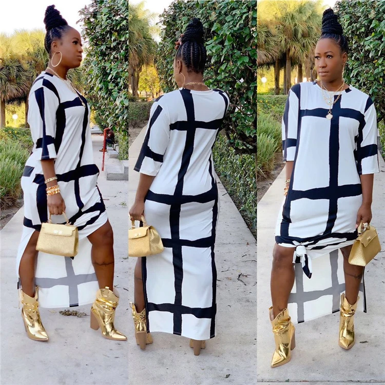 

D94569 Autumn casual dresses maxi long sleeves o neck loose womens skirts plaid printing loose slit round collar long dress