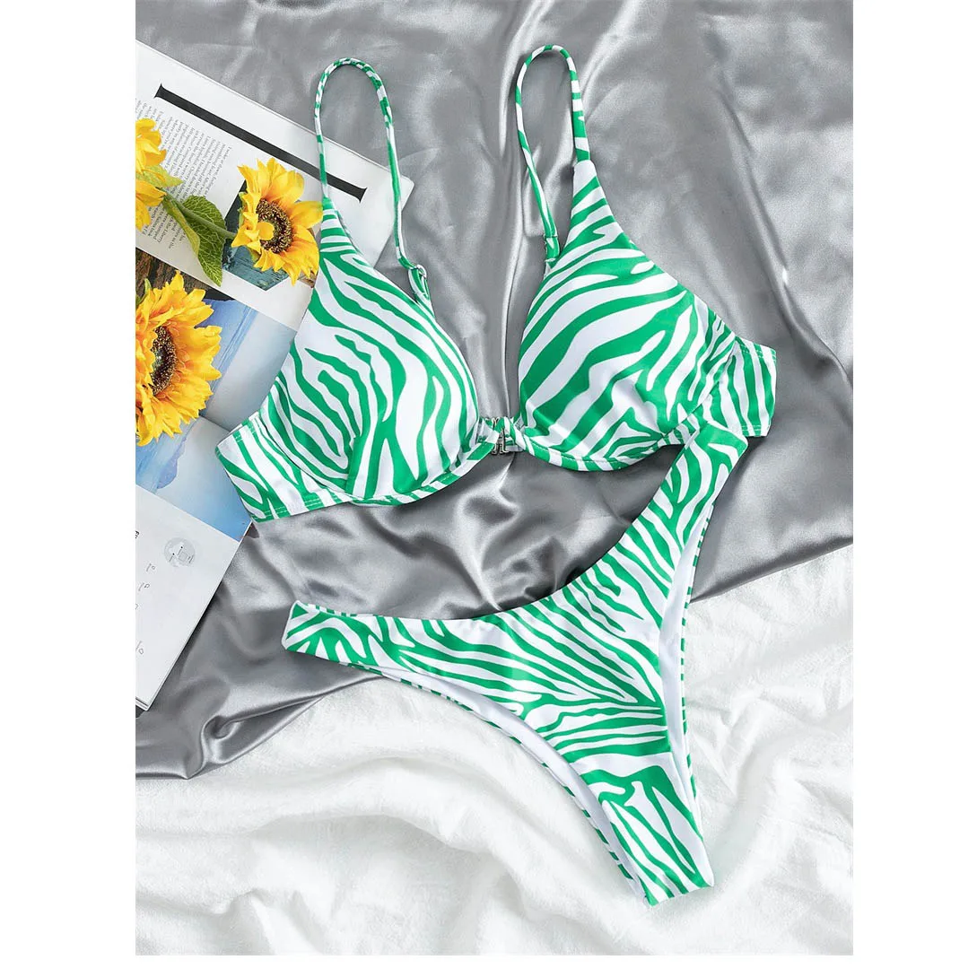 

2021 hot in Amazon fast delivery low MOQ swimwear women Underwire bikini Zebra print bikini, Solid