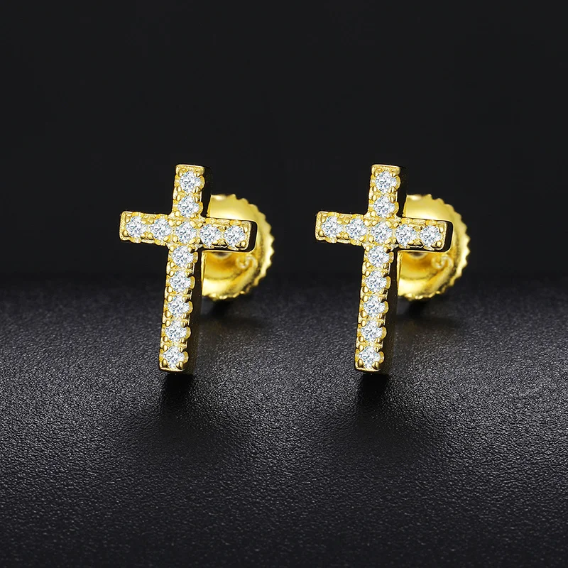 

Jewelry Wholesale 18K Real Gold Plated 925 Sterling Silver VVS Moissanite Diamond Men Women Bling Cross Stud Earrings