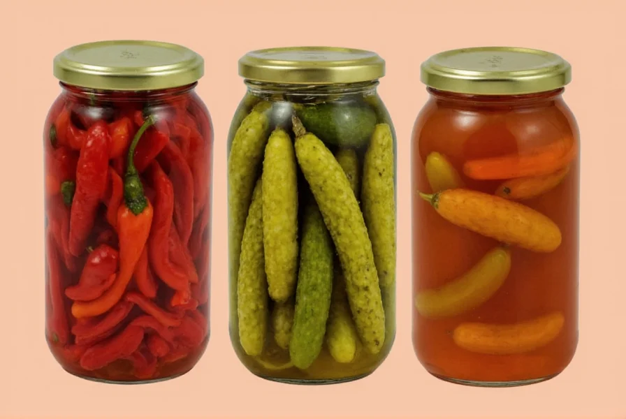 Various Types of Pickles on Wooden Table