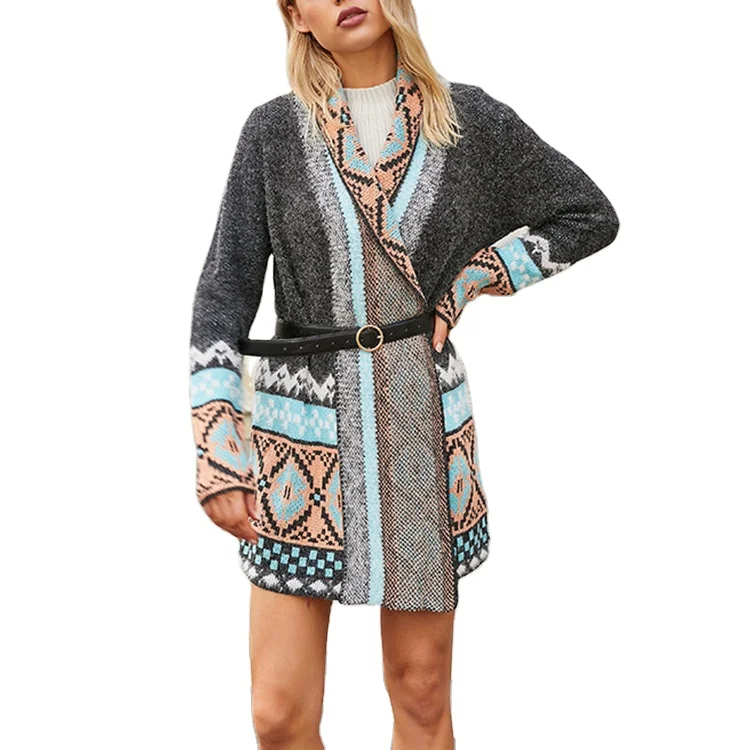 

Wholesale price women oversize bohemian style jacquard knitting sweater cardigan vintage tribal wrap cardigan without button