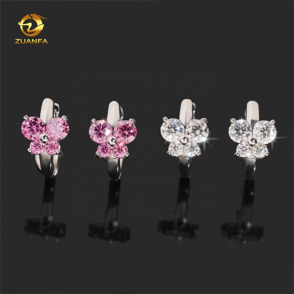 New Arrival Fashion Jewelry Butterfly Pink Moissanite 925 Silver Diamond Hoop Earrings