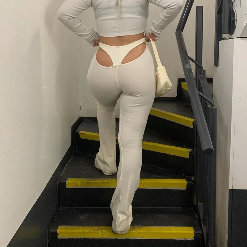 

Wholesale 2021 new arrivals women's fashion white high waist hollow out wide leg pants & trousers for ladies, Photo shows