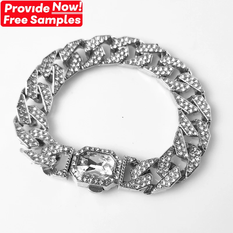 

12mm 18k Gold Male Bracelet Rhinestone Zinc Alloy Cuban Chain Necklace Wholesale Hip Hop Jewelry