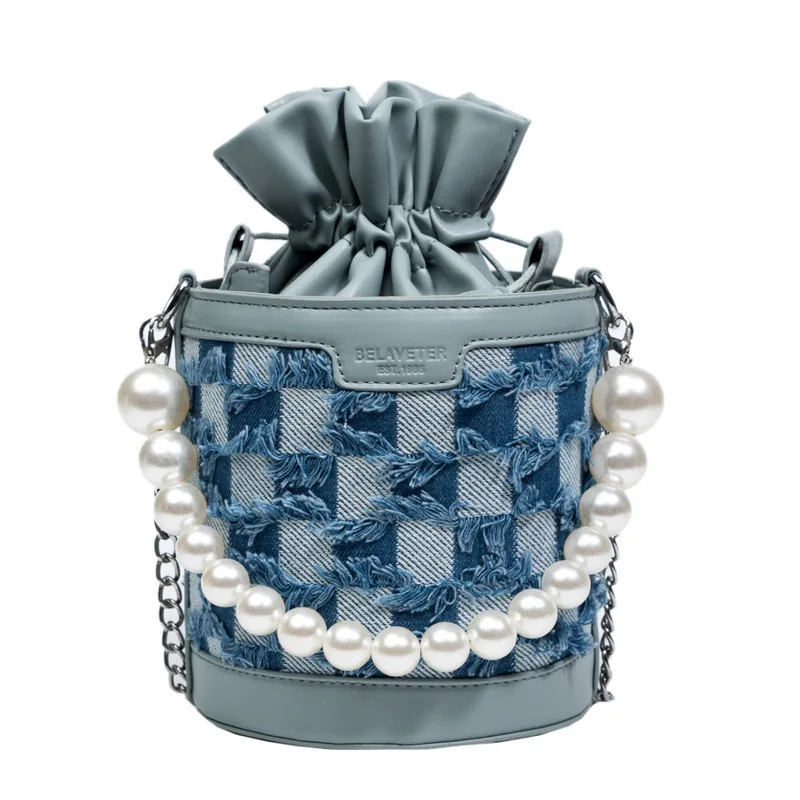 

Bolso Sac a main New Denim Women's Plaid Bucket Bag High Quality Chain Shoulder Crossbody Bag with Pearl Handle, Blue