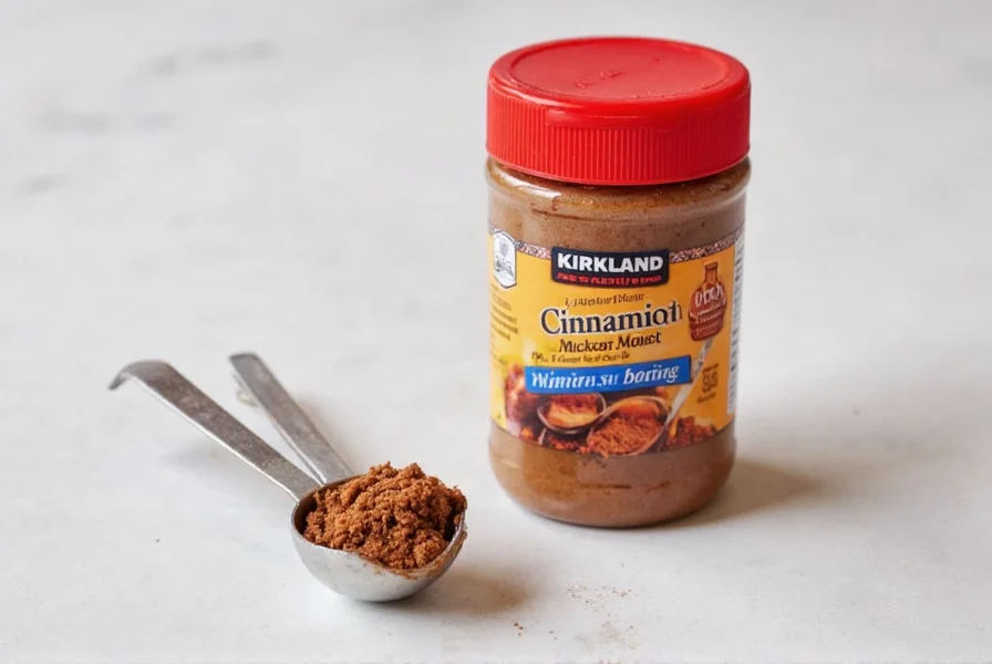 Kirkland Signature cinnamon bottle next to measuring spoons showing generous portion for baking