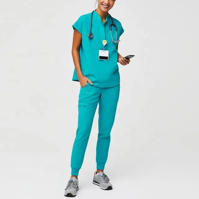 

New Designed Uniforms Soft Jogger Scrubs Pants Set Figs Short Sleeve Stretchy Scrubs Suit With Side Pockets, Customized