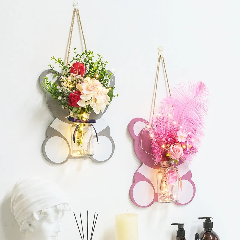 

Nordic Ins Style Light Luxury Wall Hanging Wood Animal Shape Tube Glass Vase Decor for Home Decoration, Pink, yellow, green, gray