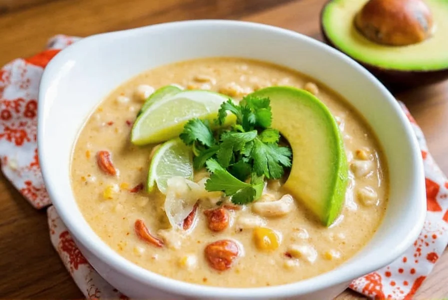 Serving bowl of white chicken chili with toppings including avocado, cilantro, and lime wedges on a wooden table