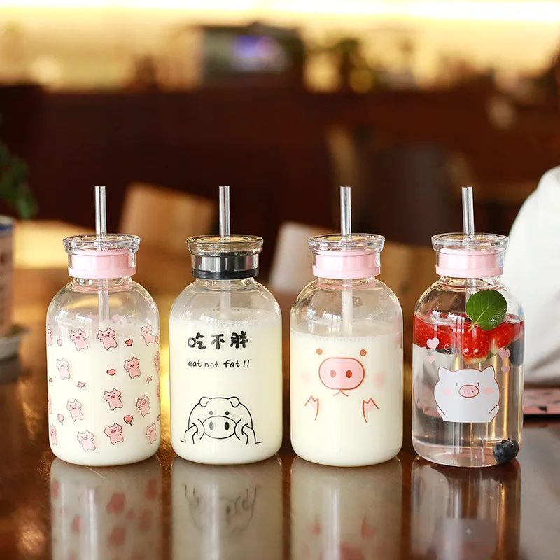 

Creative Pig Water Cup Glass Bottles Kawaii Water Bottle Eco Friendly Glass with Straw Glasses Cute Bottle Cups