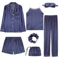 

Women'S 7 Pieces Sets Pajamas Silk Emulation Striped Pajamas Women'S Sleepwear Sets Spring Summer Autumn Homewear