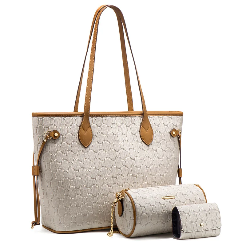 

China Supplier Factory Ladies Shoulder Hot Selling Top Handle PU Leather Handbag Purse Luxury handbags 3pc Set Women Tote Bag, Brown, white,black