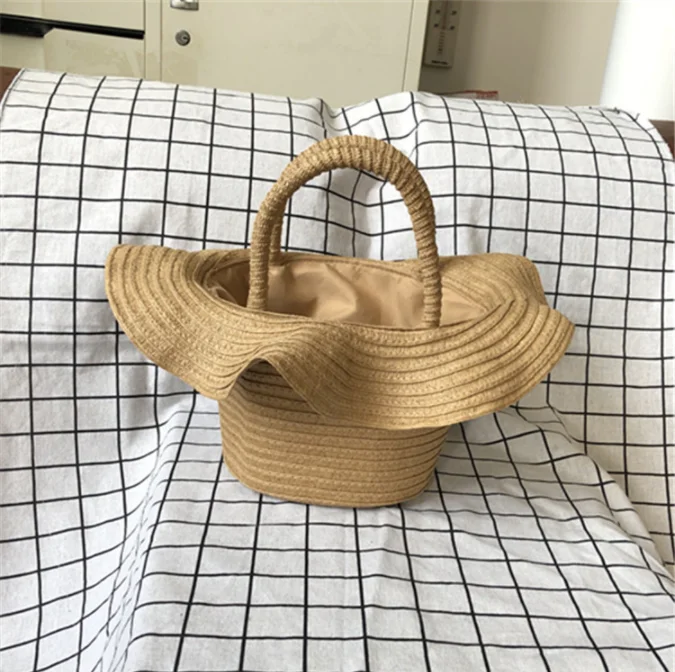 

Loop String Straw Woven Women Handbag Wave Rimed Straw Hat Shaped Hand Bag
