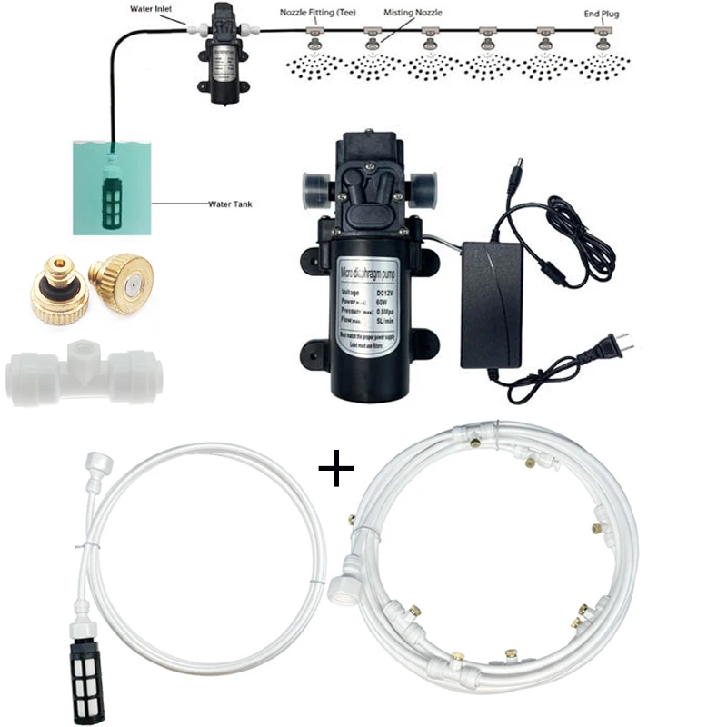 

6M-18M Watering Kits 12V DC Diaphragm Pump Mist Water Spray Fog Nebulizer Thread Nozzle 10-24 UNC Misting Cooling System