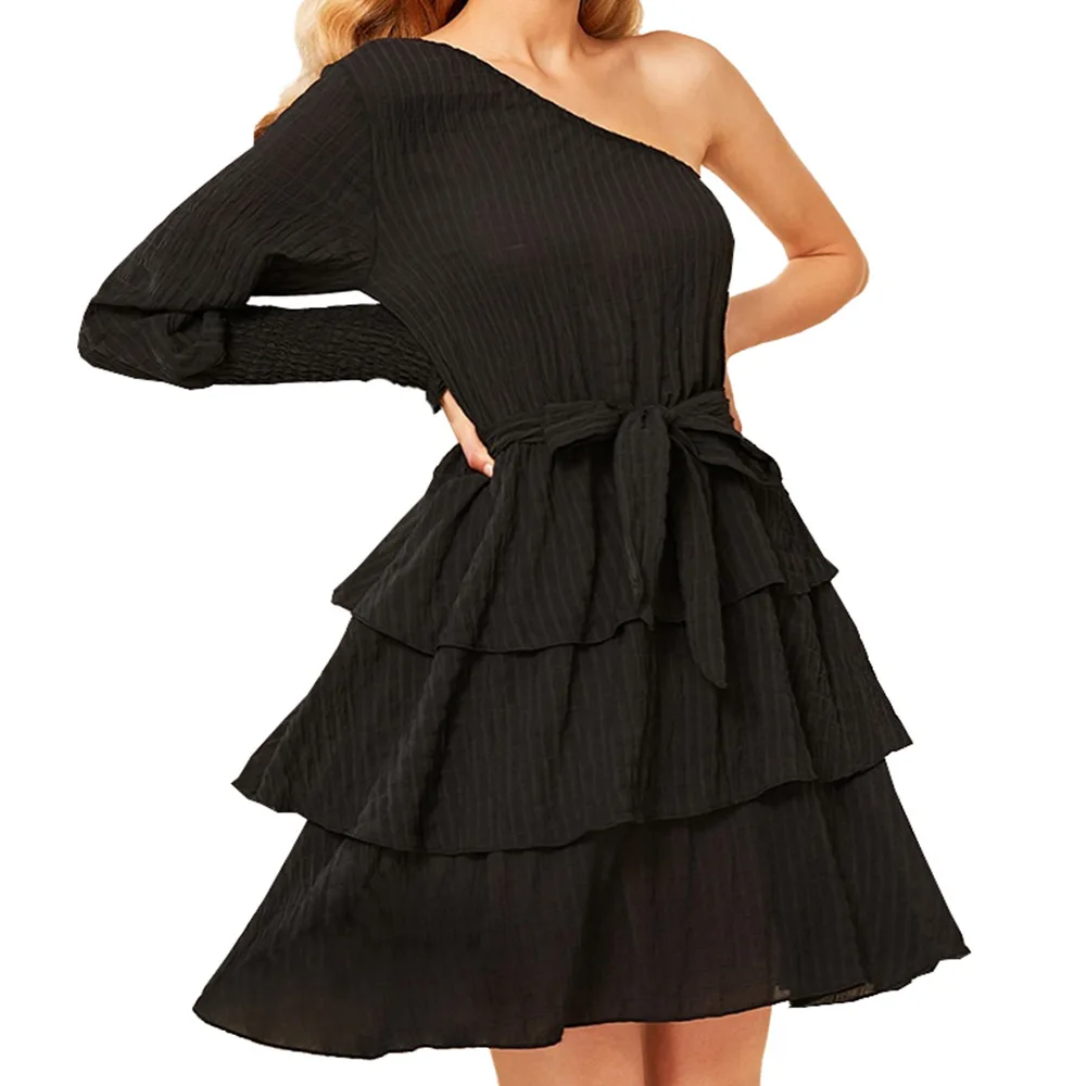 

Sexy slanted shoulder irregularly floundered cake skirt dress with strap
