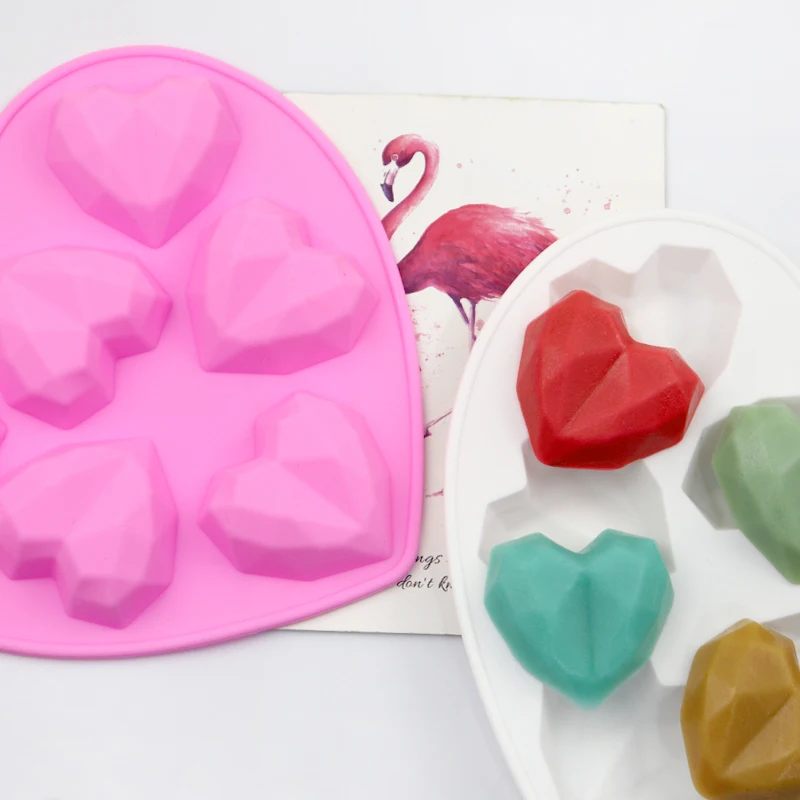 

1011 factory stock 6 hole diamond heart shape with 6 small love , silicone cake mold , soap mould candle mold reused