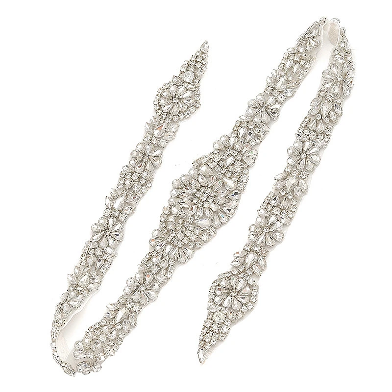 

Wholesale Handmade Extra Long 80cm Rhinestone Applique Crystal Bridal Pattern Embroidered Patch for Wedding Dress Sashes Belt