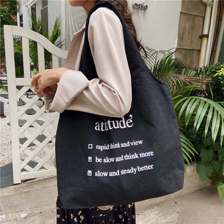 

Foldable Eco Friendly Canvas Shopping Bag Grocery Recycle Letters Print Shopper Tote Bag For Supermarket Shopping Promotion