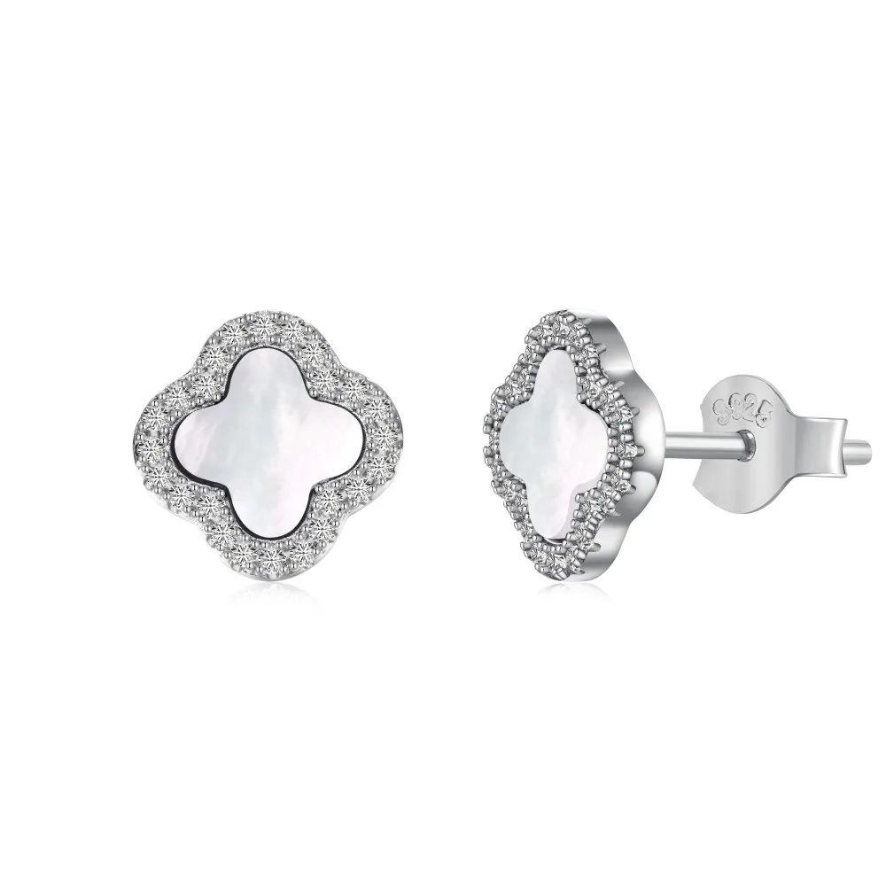 Dylam Trending Fine Fashion S925 Silver Four Leaf Clover 5A Zirconia Onyx Turquoise Malachite White Shell Stone Stud Earrings
