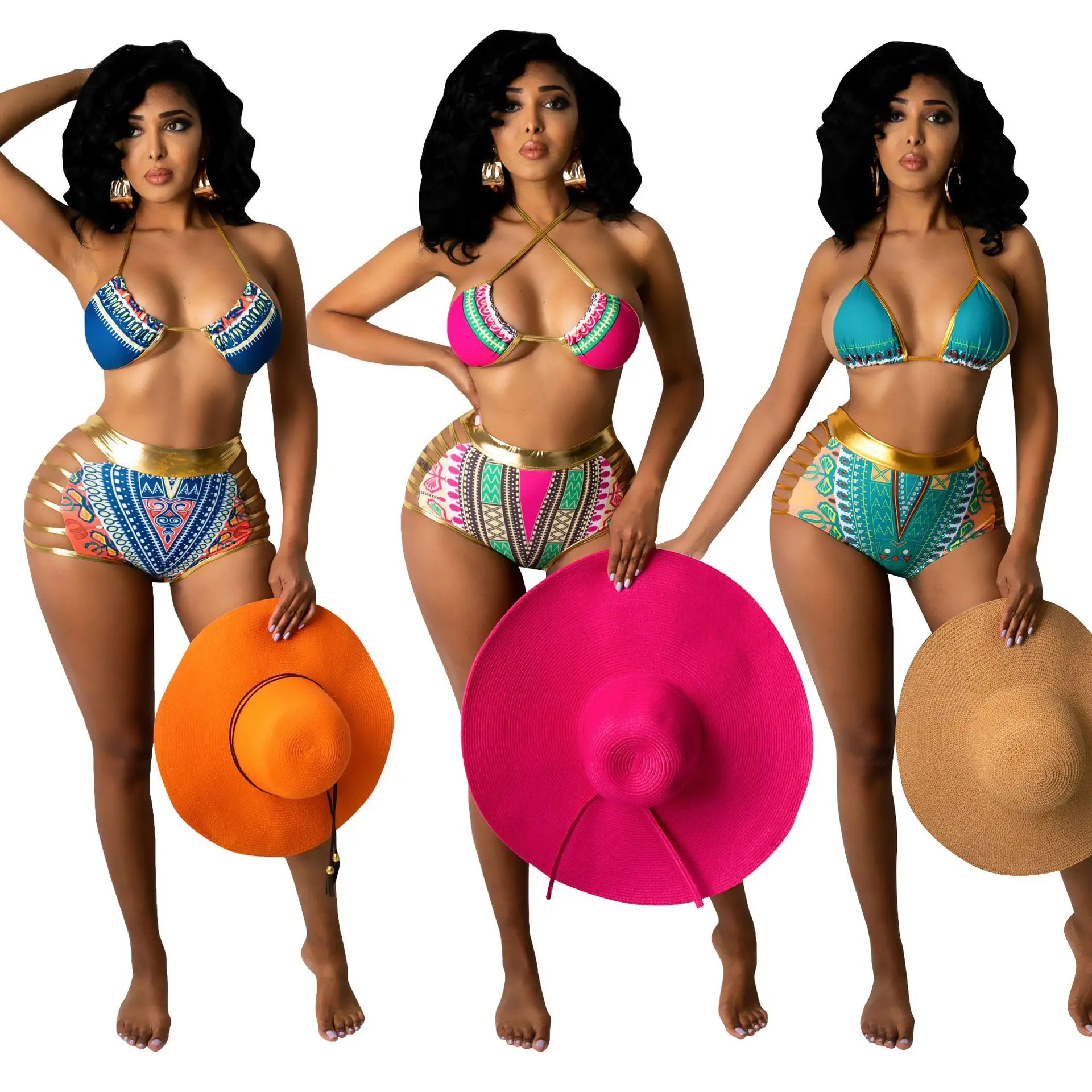 

AOKO 2021 New Arrivals Fashion Women Back Drawstring Bra Side Hollow Out Panties 2 Pieces Set Swimwear Boho Floral Printed Bikini, Picture show
