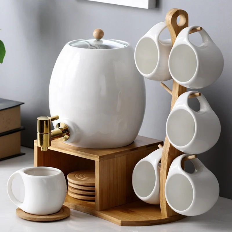 

Drop shipping Nordic Creative ceramic Coffee Cup Set Wooden Tray Light Luxury Afternoon Tea Set Drinking Cup Set, White